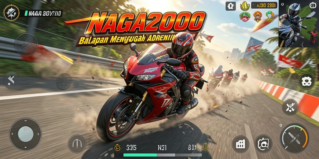 Screenshot gameplay NAGA2000 menampilkan balapan motor yang intens.