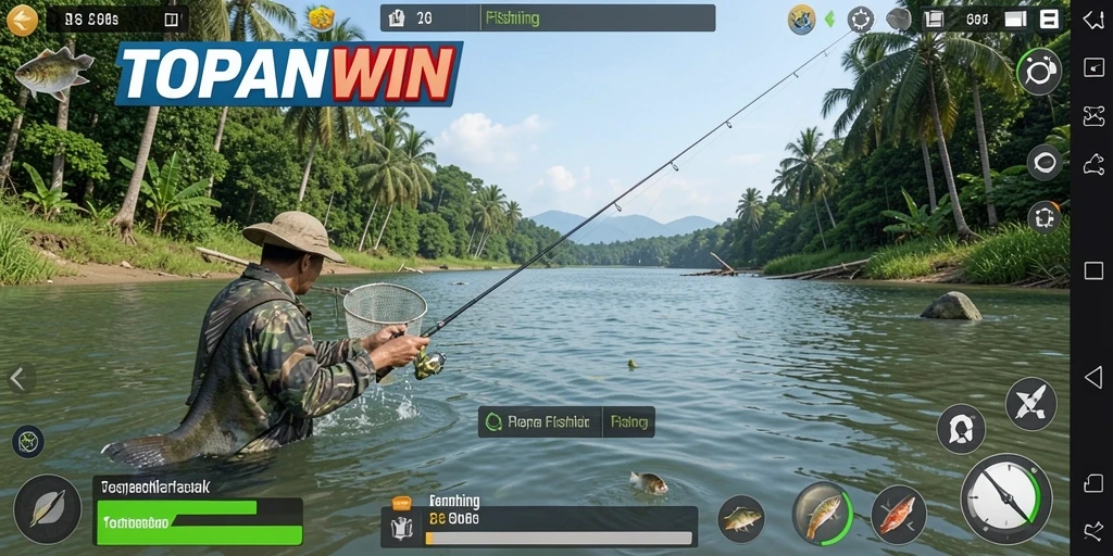 Screenshot gameplay TOPANWIN menampilkan momen seru menangkap ikan di laut.